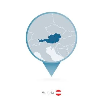 Map pin with detailed map of Austria and neighboring countries. Stock Illustration