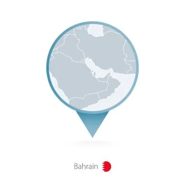 Map pin with detailed map of Bahrain and neighboring countries. Stock Illustration