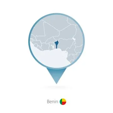 Map pin with detailed map of Benin and neighboring countries. Stock Illustration