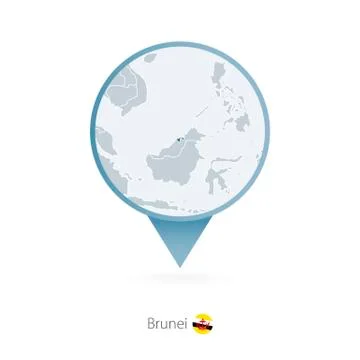 Map pin with detailed map of Brunei and neighboring countries. Stock Illustration