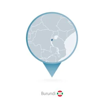 Map pin with detailed map of Burundi and neighboring countries. Stock Illustration