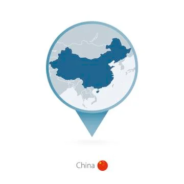 Map pin with detailed map of China and neighboring countries. Stock Illustration