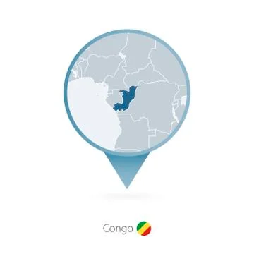 Map pin with detailed map of Congo and neighboring countries. Stock Illustration
