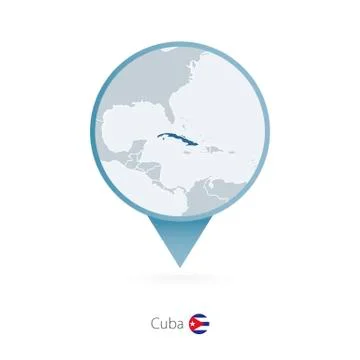 Map pin with detailed map of Cuba and neighboring countries. Stock Illustration