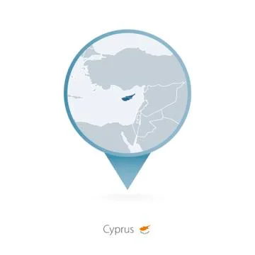 Map pin with detailed map of Cyprus and neighboring countries. Stock Illustration