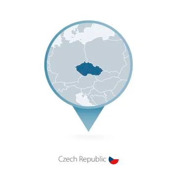 Map pin with detailed map of Czech Republic and neighboring countries. Stock Illustration