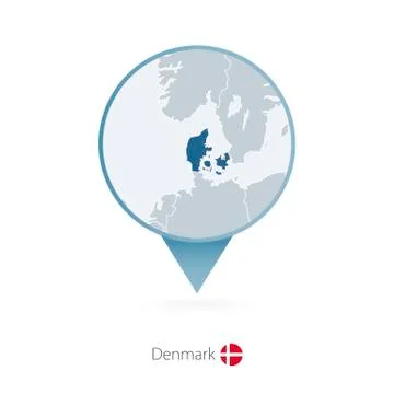 Map pin with detailed map of Denmark and neighboring countries. Stock Illustration