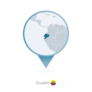 Map pin with detailed map of Ecuador and neighboring countries. Stock Illustration