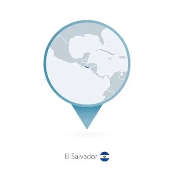 Map pin with detailed map of El Salvador and neighboring countries. Stock Illustration