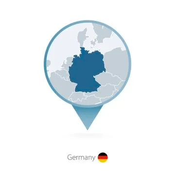 Map pin with detailed map of Germany and neighboring countries. Stock Illustration