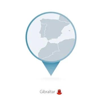 Map pin with detailed map of Gibraltar and neighboring countries. Stock Illustration