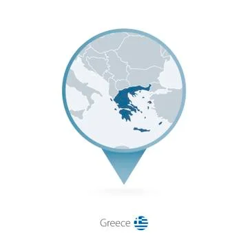 Map pin with detailed map of Greece and neighboring countries. Stock Illustration