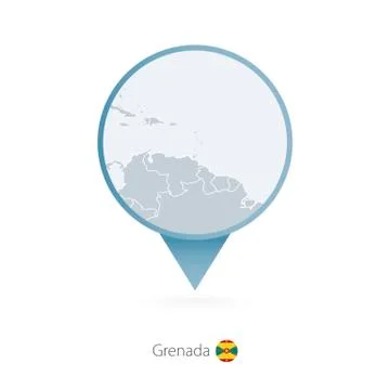Map pin with detailed map of Grenada and neighboring countries. Stock Illustration