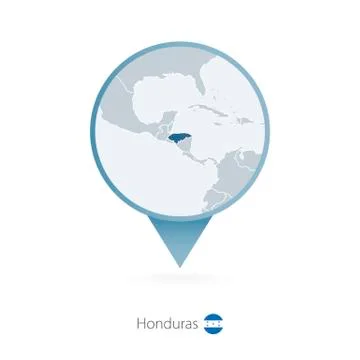 Map pin with detailed map of Honduras and neighboring countries. Stock Illustration