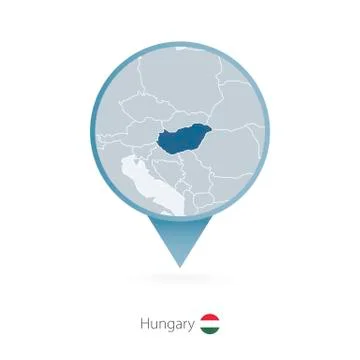 Map pin with detailed map of Hungary and neighboring countries. Stock Illustration