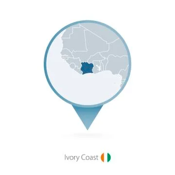 Map pin with detailed map of Ivory coast and neighboring countries. Stock Illustration