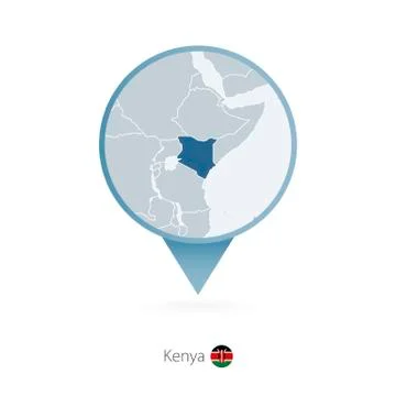 Map pin with detailed map of Kenya and neighboring countries. Stock Illustration