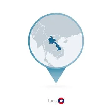 Map pin with detailed map of Laos and neighboring countries. Stock Illustration