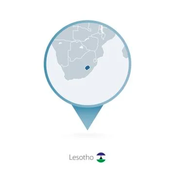 Map pin with detailed map of Lesotho and neighboring countries. Stock Illustration