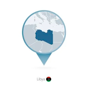 Map pin with detailed map of Libya and neighboring countries. Stock Illustration