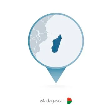 Map pin with detailed map of Madagascar and neighboring countries. Stock Illustration