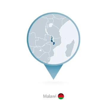 Map pin with detailed map of Malawi and neighboring countries. Stock Illustration