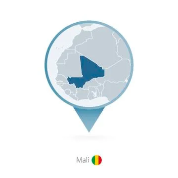 Map pin with detailed map of Mali and neighboring countries. Stock Illustration