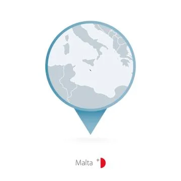 Map pin with detailed map of Malta and neighboring countries. Stock Illustration