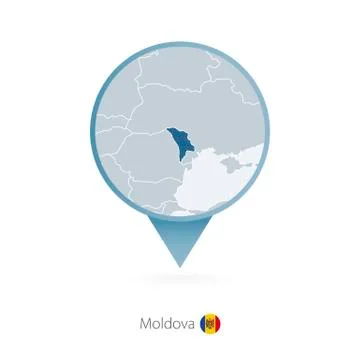 Map pin with detailed map of Moldova and neighboring countries. Stock Illustration