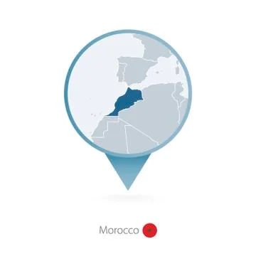 Map pin with detailed map of Morocco and neighboring countries. Stock Illustration