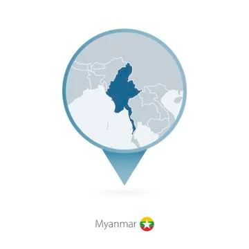 Map pin with detailed map of Myanmar and neighboring countries. Stock Illustration