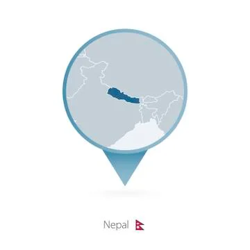 Map pin with detailed map of Nepal and neighboring countries. Stock Illustration