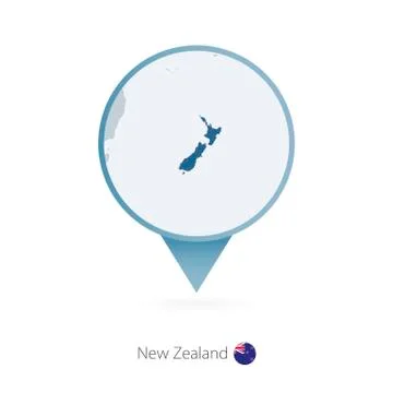 Map pin with detailed map of New Zealand and neighboring countries. Stock Illustration