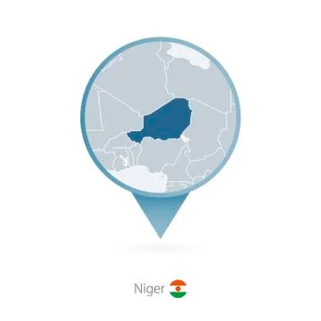 Map pin with detailed map of Niger and neighboring countries. Stock Illustration