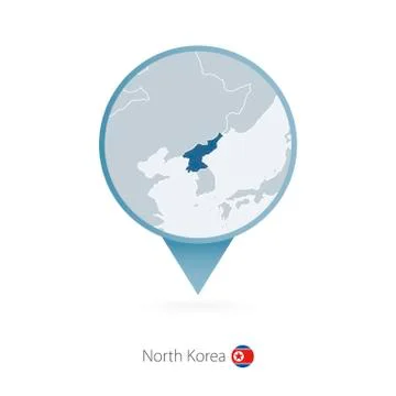 Map pin with detailed map of North Korea and neighboring countries. Stock Illustration