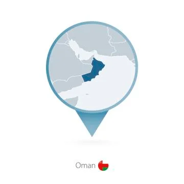 Map pin with detailed map of Oman and neighboring countries. Stock Illustration