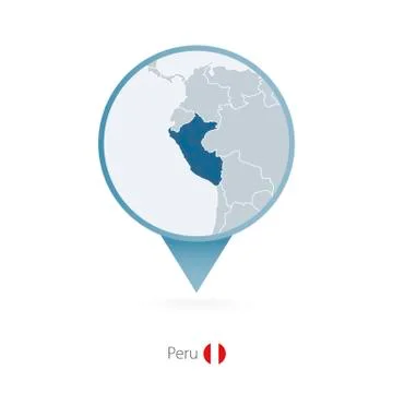 Map pin with detailed map of Peru and neighboring countries. Stock Illustration