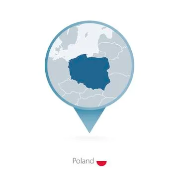 Map pin with detailed map of Poland and neighboring countries. Stock Illustration