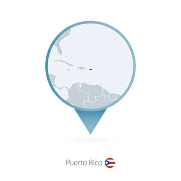Map pin with detailed map of Puerto Rico and neighboring countries. Stock Illustration