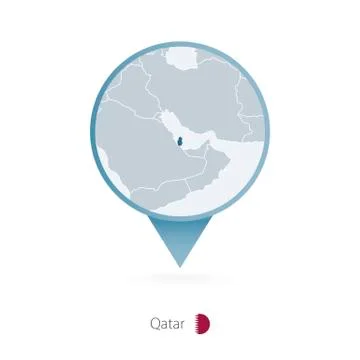 Map pin with detailed map of Qatar and neighboring countries. Stock Illustration