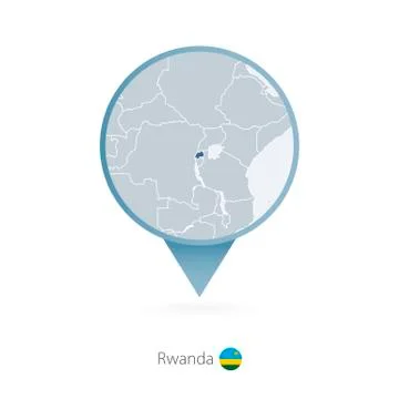 Map pin with detailed map of Rwanda and neighboring countries. Stock Illustration