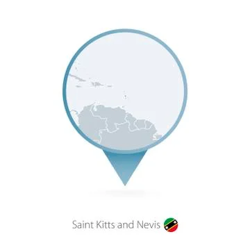 Map pin with detailed map of Saint Kitts and Nevis and neighboring countries. Stock Illustration