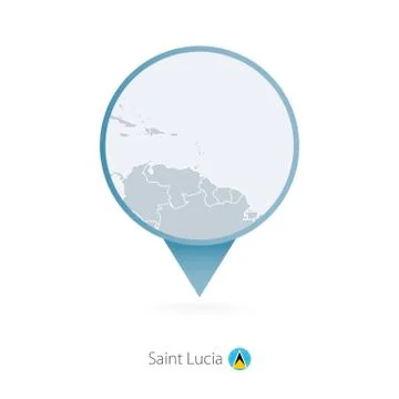 Map pin with detailed map of Saint Lucia and neighboring countries. Stock Illustration