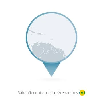 Map pin with detailed map of Saint Vincent and the Grenadines and neighboring Stock Illustration