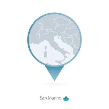 Map pin with detailed map of San Marino and neighboring countries. Stock Illustration