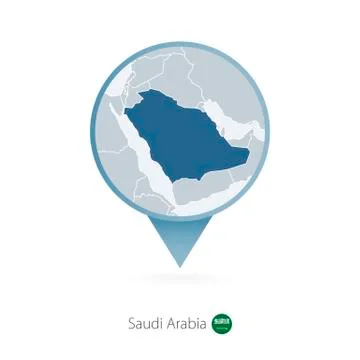 Map pin with detailed map of Saudi Arabia and neighboring countries. Stock Illustration
