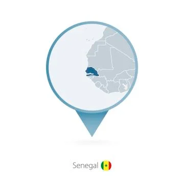 Map pin with detailed map of Senegal and neighboring countries. Stock Illustration