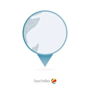 Map pin with detailed map of Seychelles and neighboring countries. Stock Illustration