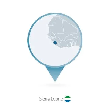 Map pin with detailed map of Sierra Leone and neighboring countries. Stock Illustration