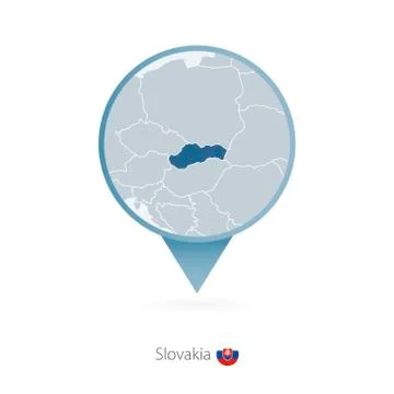 Map pin with detailed map of Slovakia and neighboring countries. Stock Illustration